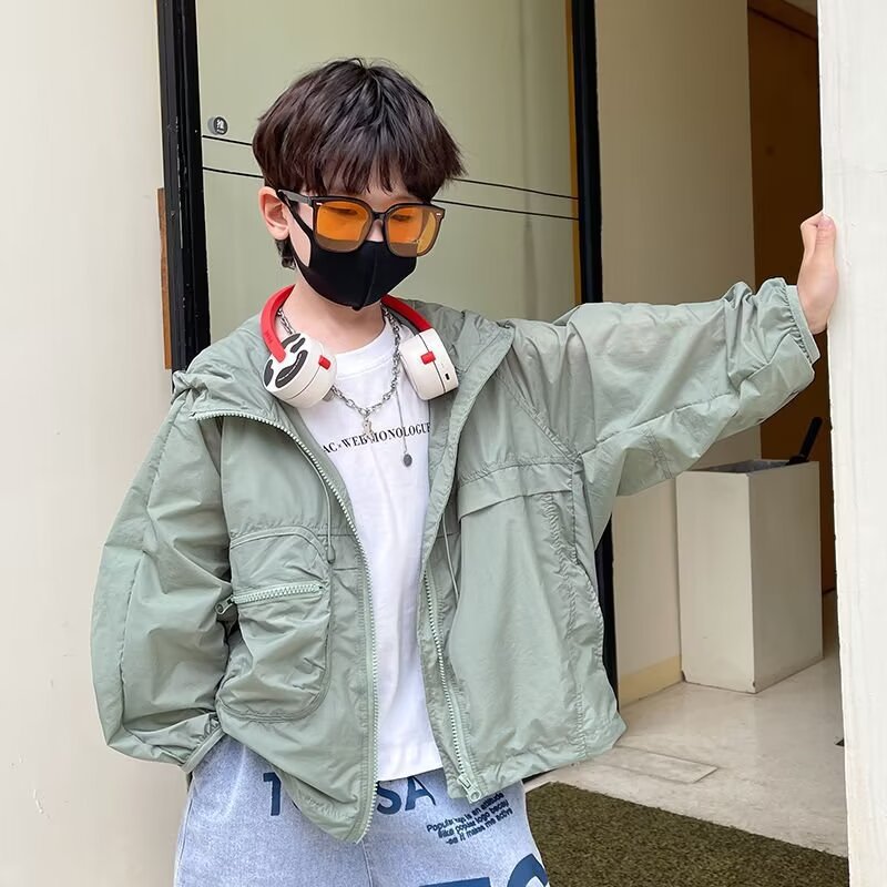 2024 Spring and Summer New Boys' Sun Protection Clothing Cardigan Hooded Thin Jacket Anti-Uv Sun Protection Clothing for Middle and Large Children