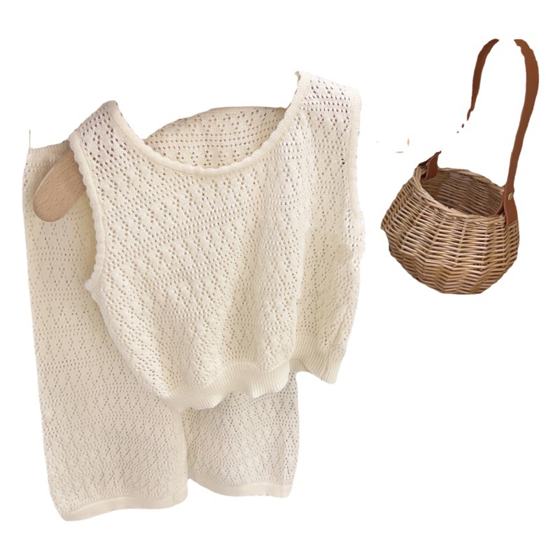 Korean Children's Wear Girl's Summer Suit Western Style Baby Girl's Puff Sleeve Hollow Knitted Top Bud Shorts Two Pieces