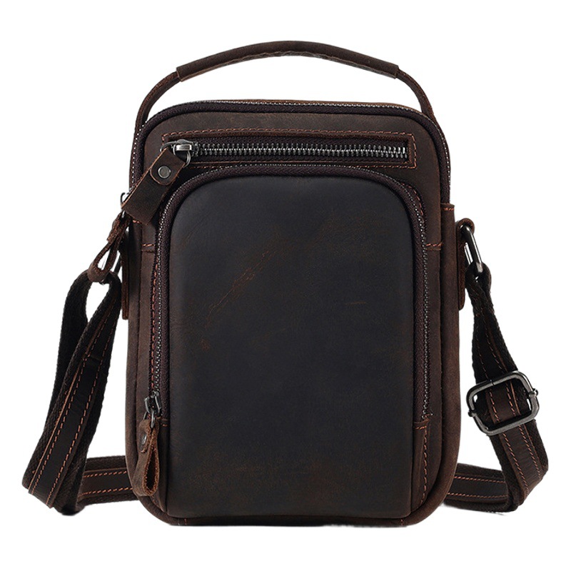 Cross-Border Men's Retro Genuine Leather Crossbody Bag Men's Crazy Horse Leather Shoulder Bag Casual Crossbody Bag Commuter Men's Bag