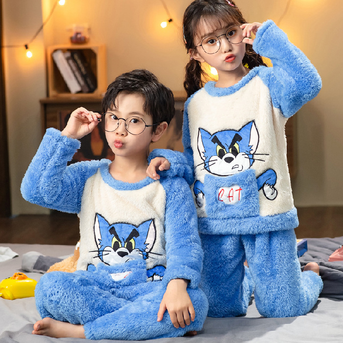 Picture of Children's Pajamas Winter Flannel Cute Boys' and Girls' Thickened Coral Fleece Plush Home Clothes