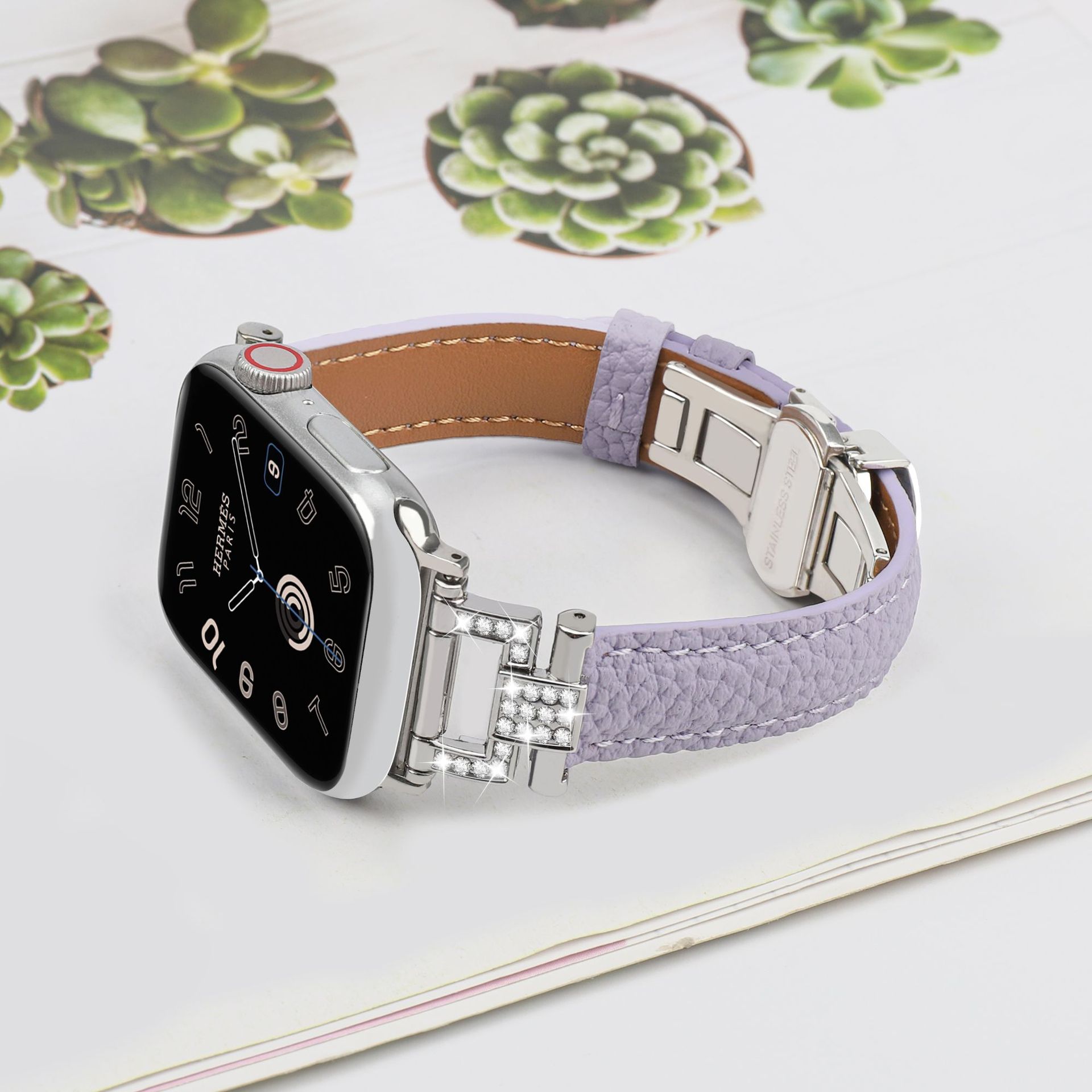 Picture of Suitable for Apple Watch strap Y head appleiwatch98 small waist lychee pattern leather butterfly buckle strap