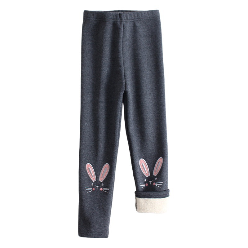Girls Winter Fleece-lined Thickened Leggings Cotton Children's Autumn and Winter Pants Cartoon Bunny Embroidered Baby Pants