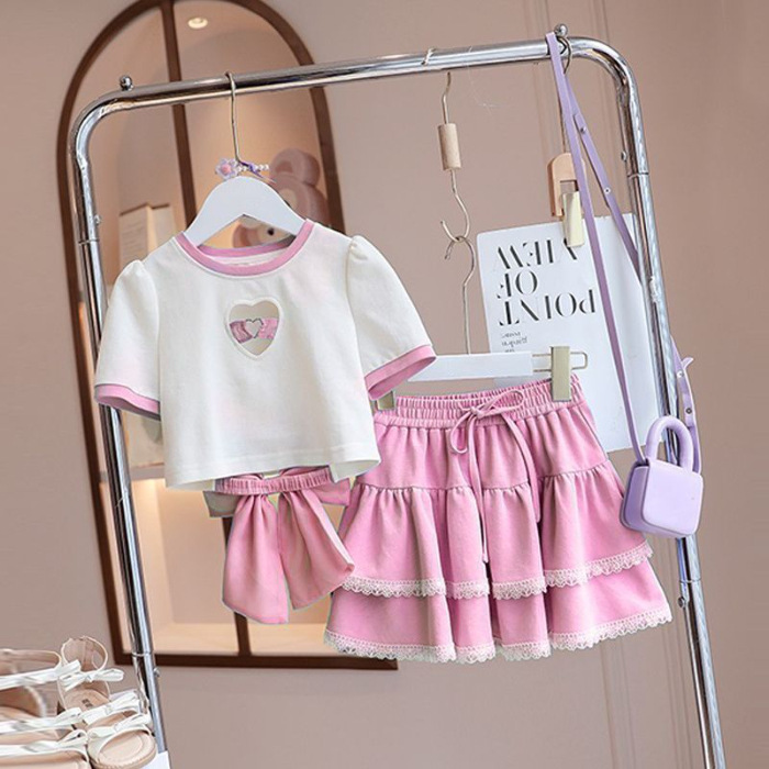 Picture of Girls Suit 2025 Summer New Style Short-Sleeved Kidsren's Korean Style Casual Skirt Fashionable Summer Two-Piece Set