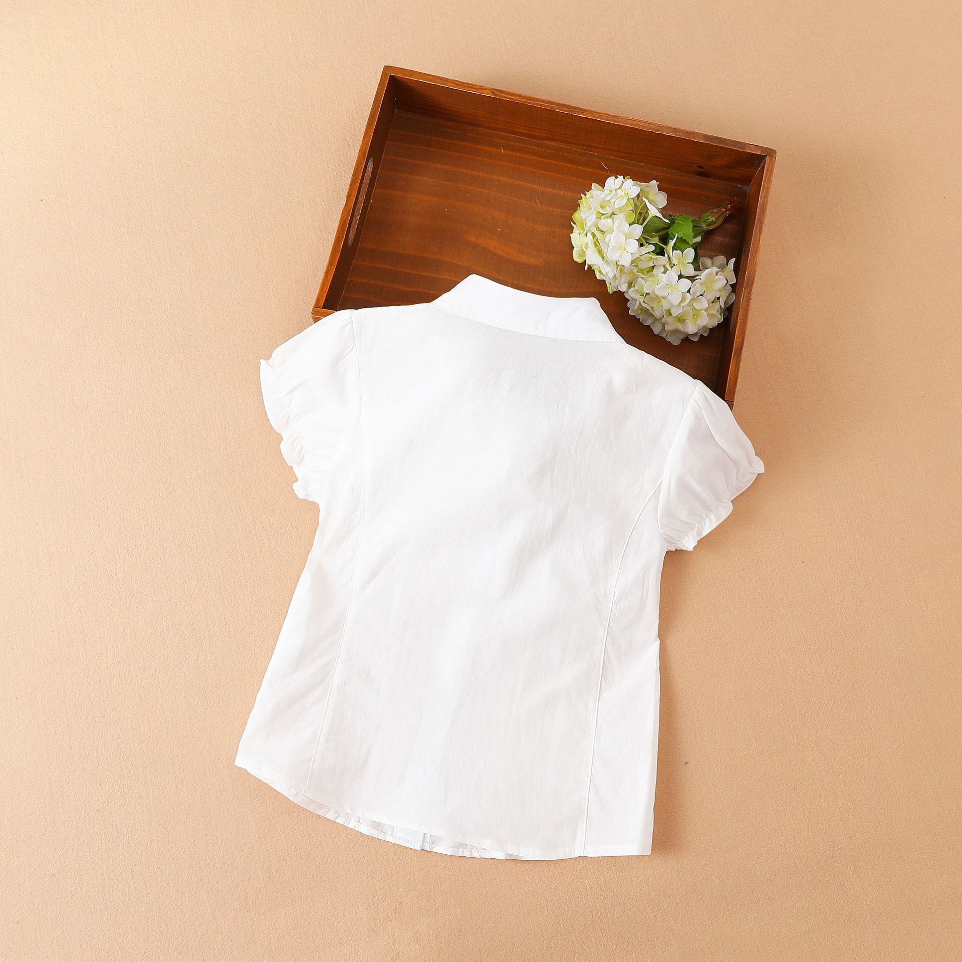 Picture of Girls' Short-sleeved Shirt Spot Summer Korean Style Middle and Big Children's White Bow Pure Cotton Short-sleeved Lapel Children's Shirt