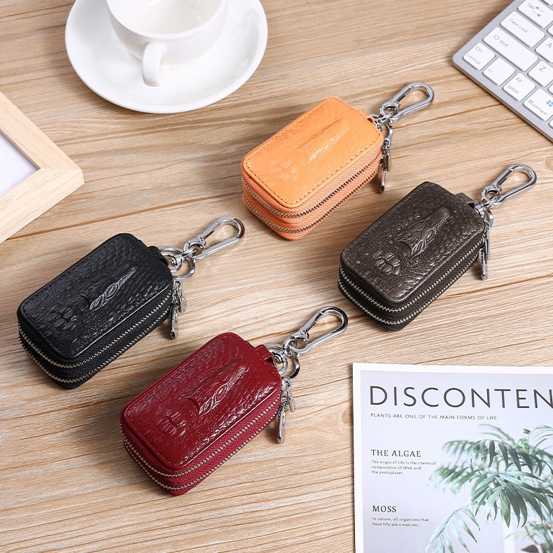 Picture of Genuine Leather Double-Layer Key Bag for Men with Crocodile Pattern Waist Hanging Car Key Cover Couple Zipper Universal Key Bag Storage