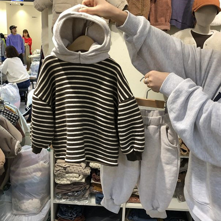 Children's Korean-style Suit New Men's and Women's Baby's Autumn and Winter Clothes Color-matching Fleece Terry Striped Sweat Trousers Suit