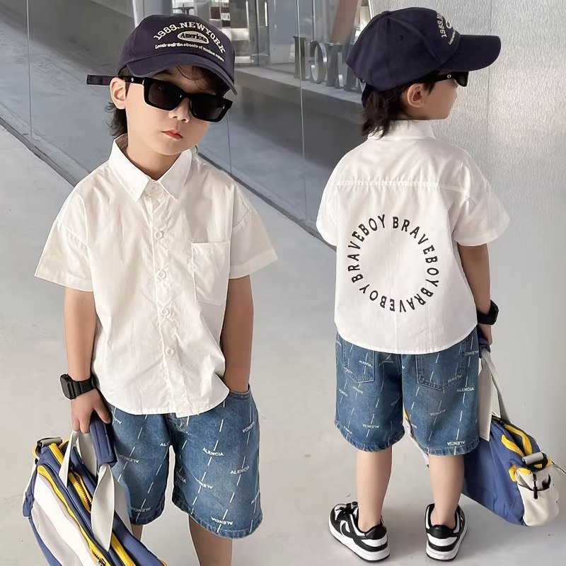 Picture of 2024 boys' shirt summer short-sleeved T-shirt middle and big children's shirt thin handsome trendy cool boys' all-match printed children's clothing