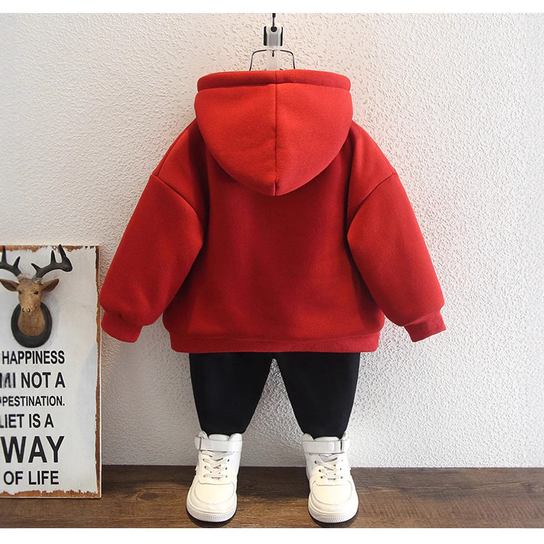 Picture of Children's Winter Clothing for Boys, Hooded Sweatshirt with Fleece, Thickened Winter Outfit for Toddlers and Young Children, Integrated Fleece Top, Children's Warm Jacket