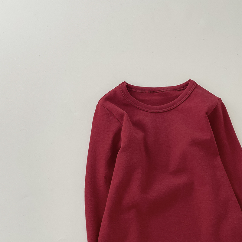 Picture of 2023 Children's Cotton Long-sleeved T-shirt Base Shirt Spring and Autumn Loose Solid Color Round Neck Sanding Top for Boys and Girls