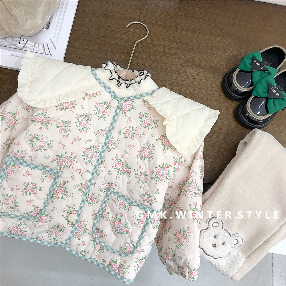 Picture of Girls' floral cotton-padded coat Winter Children's western style sweet large lapel quilted coat baby girls' warm cotton-padded coat foreign trade