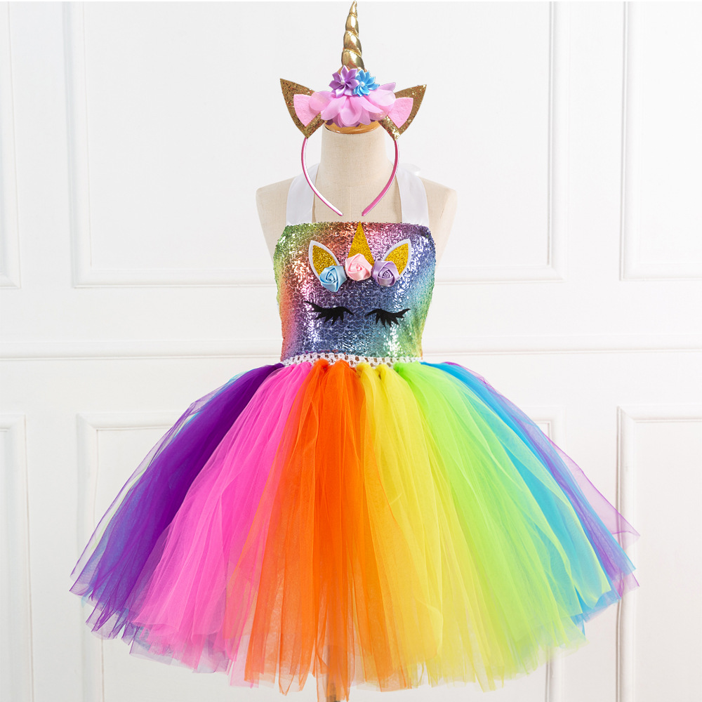 Picture of European and American Children's Clothing Sequin Mesh Handmade Girl's Dress Children's Performance Dress Princess Dress One-Corner Headwear