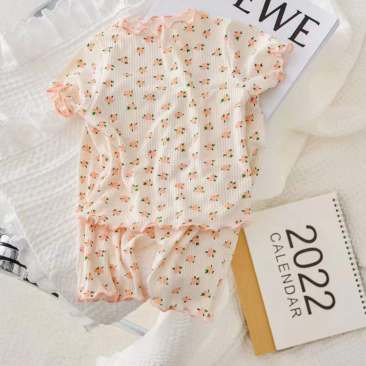 Ice Silk Summer New Girls' Outer Wear Short Sleeve Floral suit Baby Summer Two-piece Korean Style Pajamas