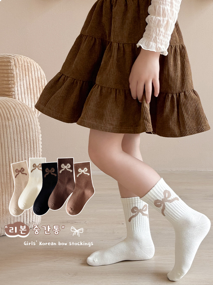 Picture of Girls Socks Autumn and Winter New Miu Lolita Mid-length Socks Girls Princess Bow brown Vintage Cotton Socks