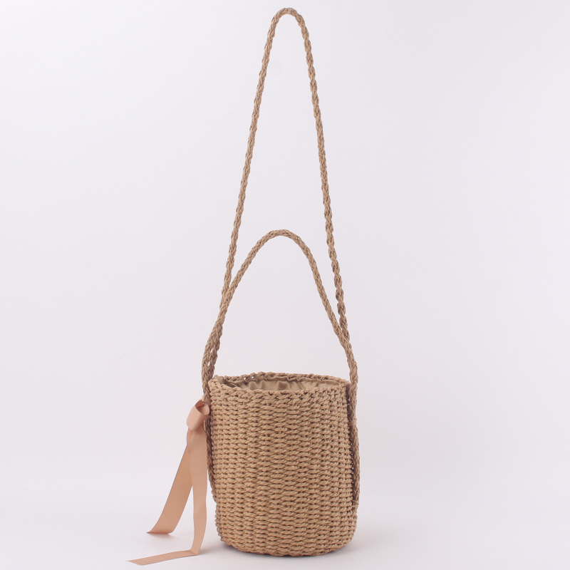 Dropshipping Simple Pure Color Straw Bag Forest Style One-Shoulder Hand-Carrying Cross-Body Bucket Woven Bag Cylindrical Beach Bag for Women