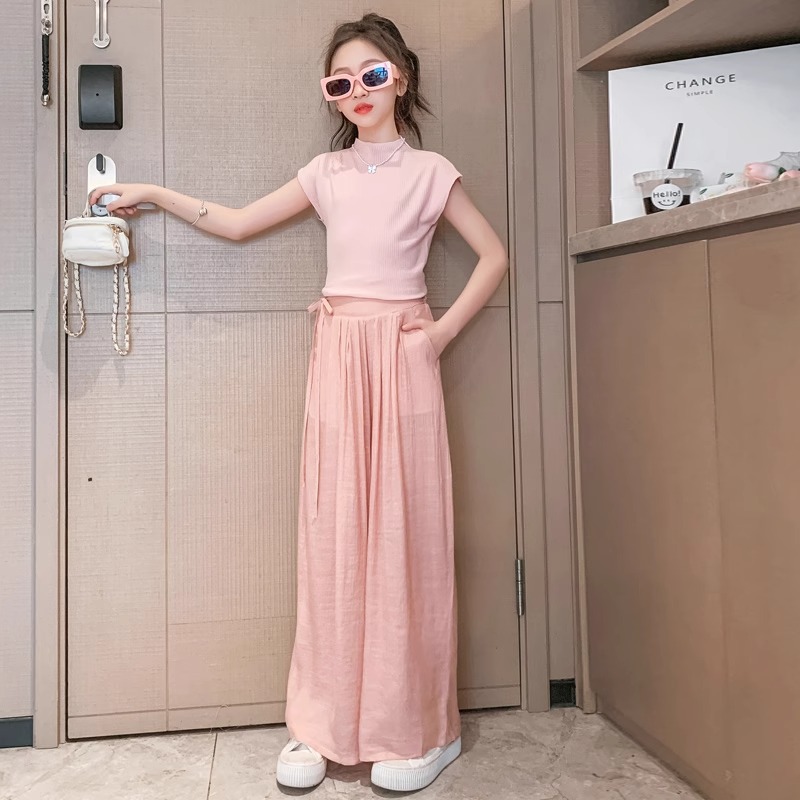 Original Version with Lining for Girls, Summer New Korean Fashion Internet Celebrity Casual Short-Sleeved Wide-Leg Pants Two-Piece Set