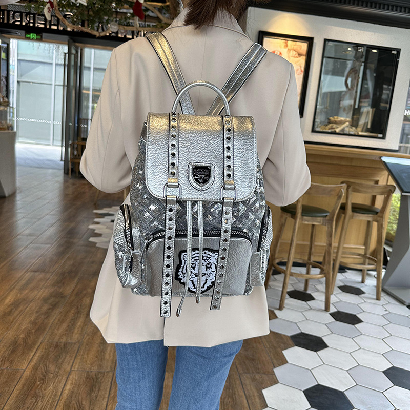 Picture of Sequin Backpack Women's 2025 New Trendy Personalized Easiest for Match Backpack British Style Drawstring Soft Leather Internet Celebrity Travel Bag