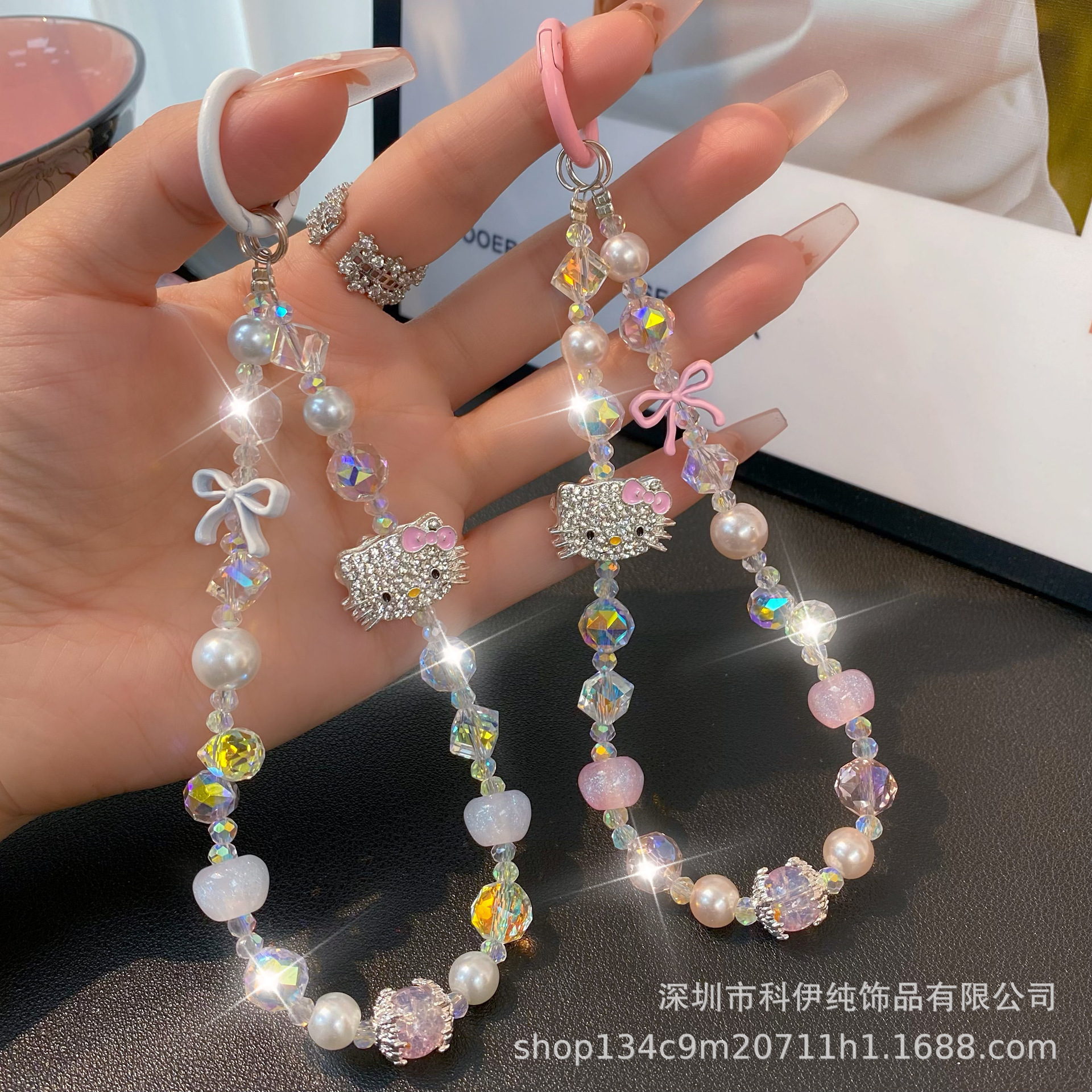 Sweet Diamond-encrusted Cat Bow Mobile Phone Chain Ins Style Crystal Pearl Beaded Bag Keychain Mobile Phone Lanyard