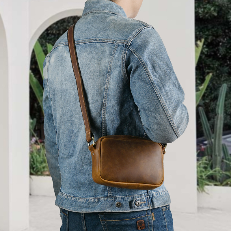 Picture of Ancient Trendy Cross Body Bag Men's Crazy Horse Leather Shoulder Bag Men's Bag Genuine Leather Vintage Crossbody Mobile Phone Small Bag Postman