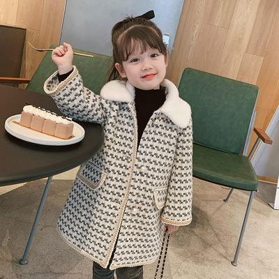 Picture of Girls' Outwear 2025 Winter New Baby Girl Houndstooth Thickeneded Outwear Korean Style Mid-Length Outwear for Small and Medium-Sized Children