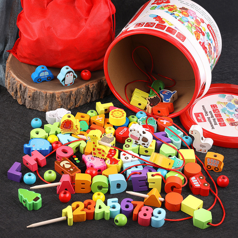 Picture of Wooden Balls Wooden 100 Pieces Number Letters City Transportation Fruit and Vegetable Farm Kidsren's Beaded Game Toys