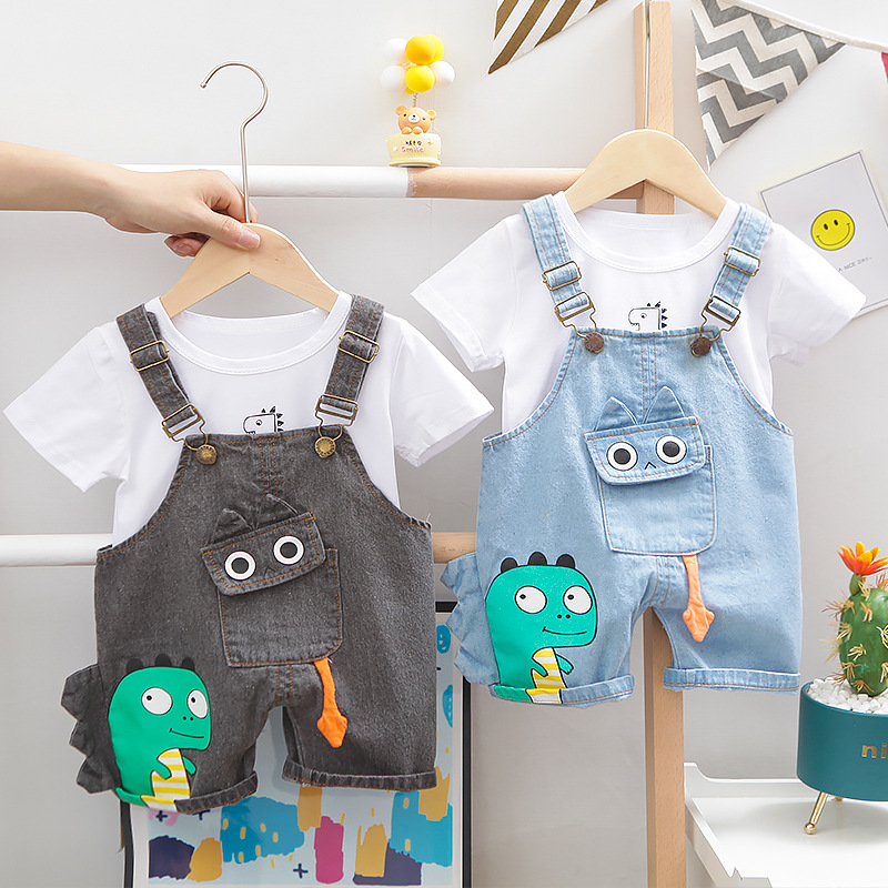 Picture of Summer New Children's Cartoon Dinosaur Short-sleeved Suspender Pants Set Round Neck Printed Short-sleeved Shorts Two-piece Set