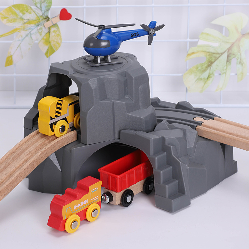 Picture of Children's wooden train accumulation wooden track accessories simulation tunnel cave double-layer toy rich scene accessories