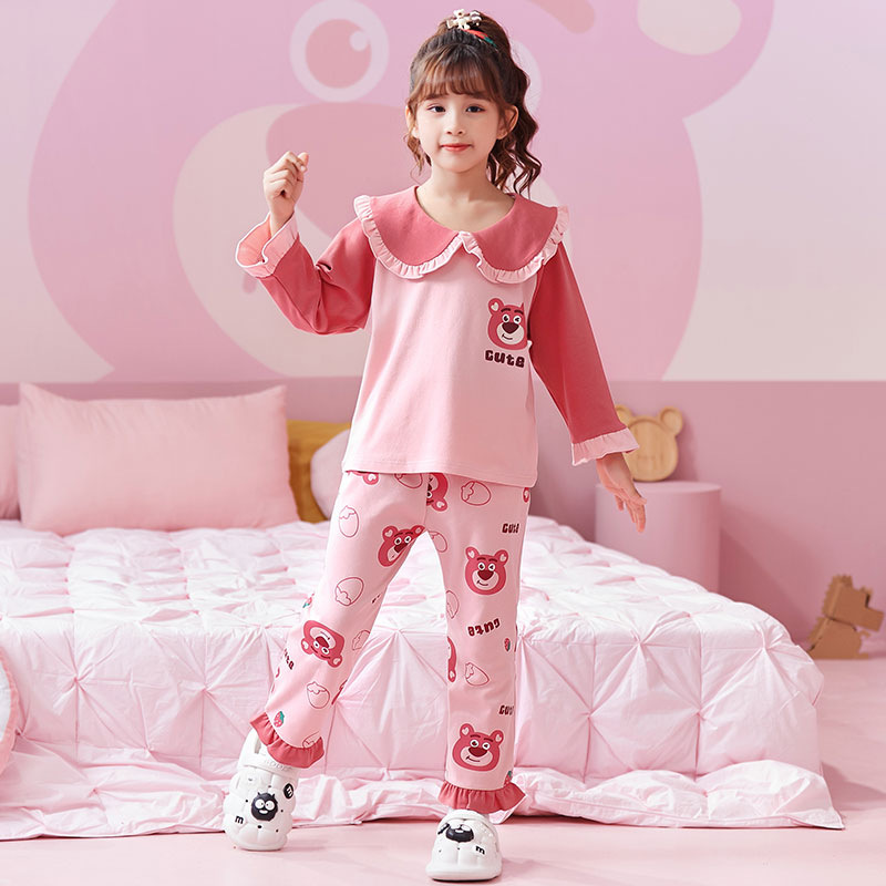 Children's Pajamas Spring and Autumn Long Sleeve Round Neck Pullover Princess Collar Girls' 6535 Cotton Cute Cartoon Home Clothes Set