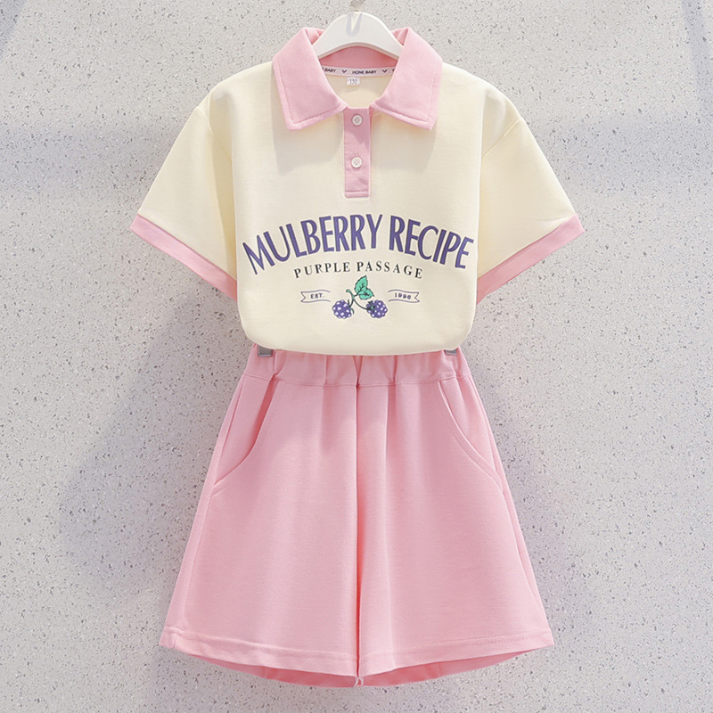 Picture of 230g Pique Double Yarn Girls Summer Short-Sleeved Suit 2025 New Casual Medium and Large Children Dopamine Two-Piece Set