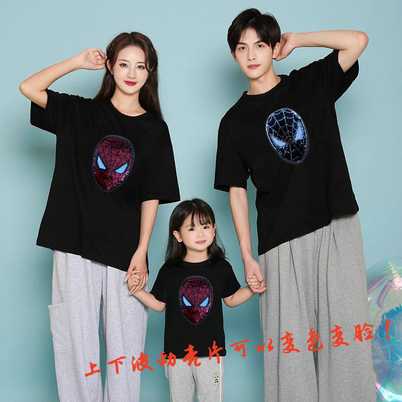 Picture of Cotton Spider-Man Short-sleeved T-shirt for parents and children's clothes fried street couple's fashionable brand summer clothes loose color-changing sequins children's top