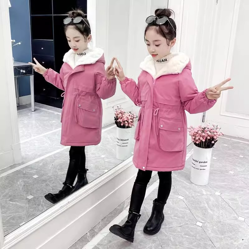 Girls' Winter fleece-lined windbreaker girls' Western style coat 2022 new medium and big children parka clothes fleece-lined thickened cotton-padded coat