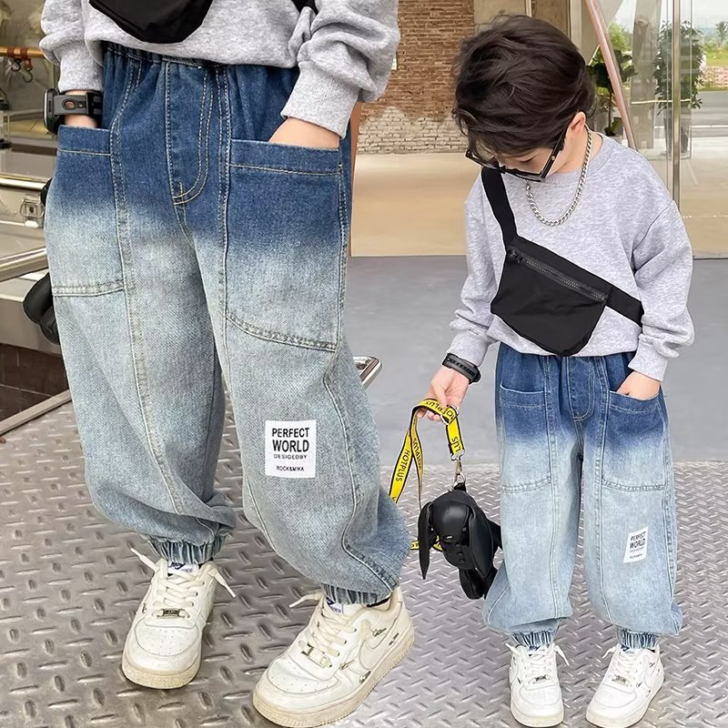 Boys' Spring Jeans, Medium and Large Kidsren's Style Workwear 2024 New Style Kidsren's Boys' Spring & Fall Loose Pants Trendy Brand