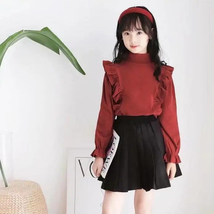 Picture of Girls' Velvet Base Shirt Spring New Children's Korean Style Western Style Lace Solid Color Long Sleeve T-Shirt for Girls