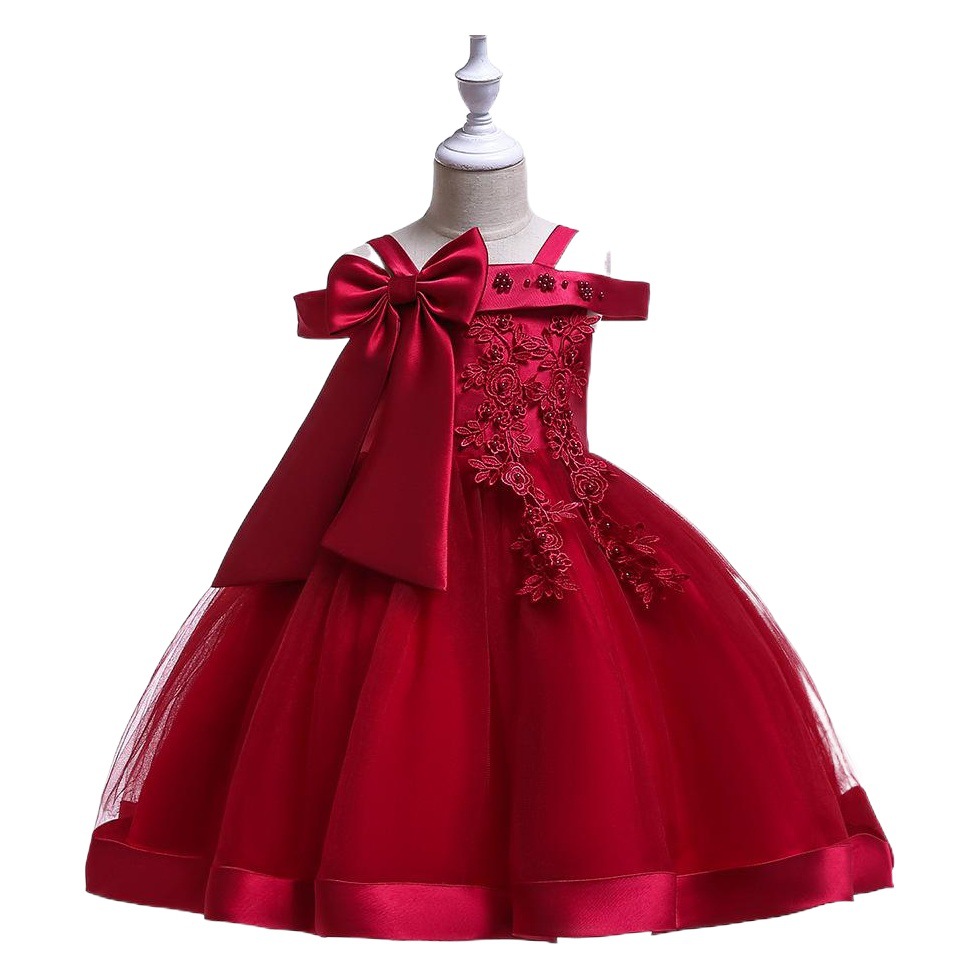 Flower Girl Dress Suspender Dress One Shoulder Beaded Princess Dress Mesh Twill Forged Cloth Kidsren's Wedding Dress