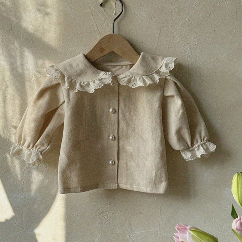 Picture of Ins Girls' Baby Spring New Style Shirt Top Western Style Lace Lace Long Sleeve Girls' Cardigan Shirt