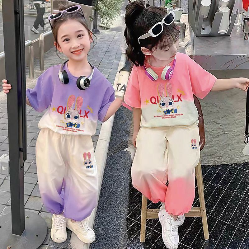Picture of [Hot-Selling Children's Clothing] Girls Internet Celebrity Fashionable Thin Short-Sleeved Suit New Baby Girl Gradient Color Pants Two Pieces