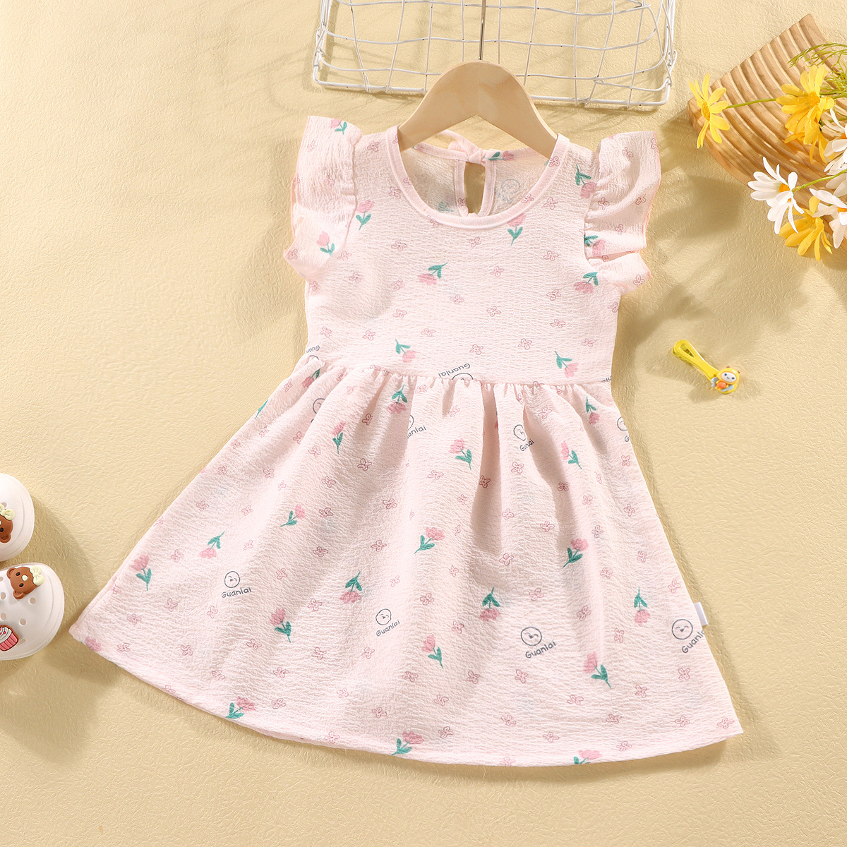 Picture of Girls' short-sleeved T-shirt 2024 new summer baby girls' off-shoulder strap fashionable western style top for infants and children