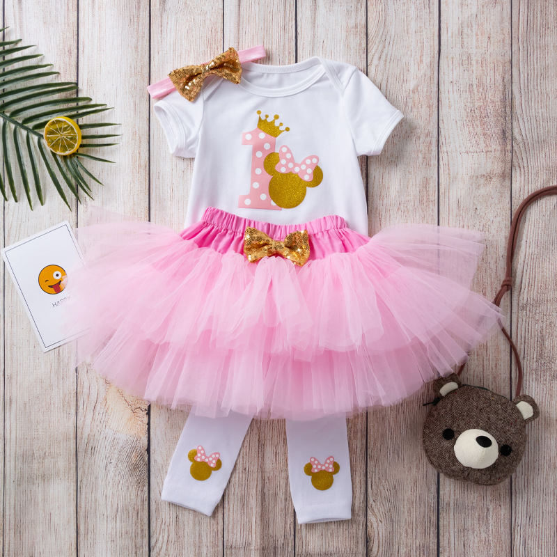 Picture of Cross-Border Children's Clothing Wholesale 4-Piece Set Baby Girl Birthday Set 1-Shaped Short-Sleeved Harem Skirt Socks Set Hair Accessories Set