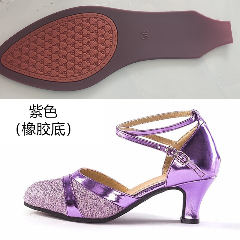 Picture of Adult purple Latin dance shoes women's closed toe mid heel soft bottom dance shoes square dance ballroom dance shoes outdoor rubber sole