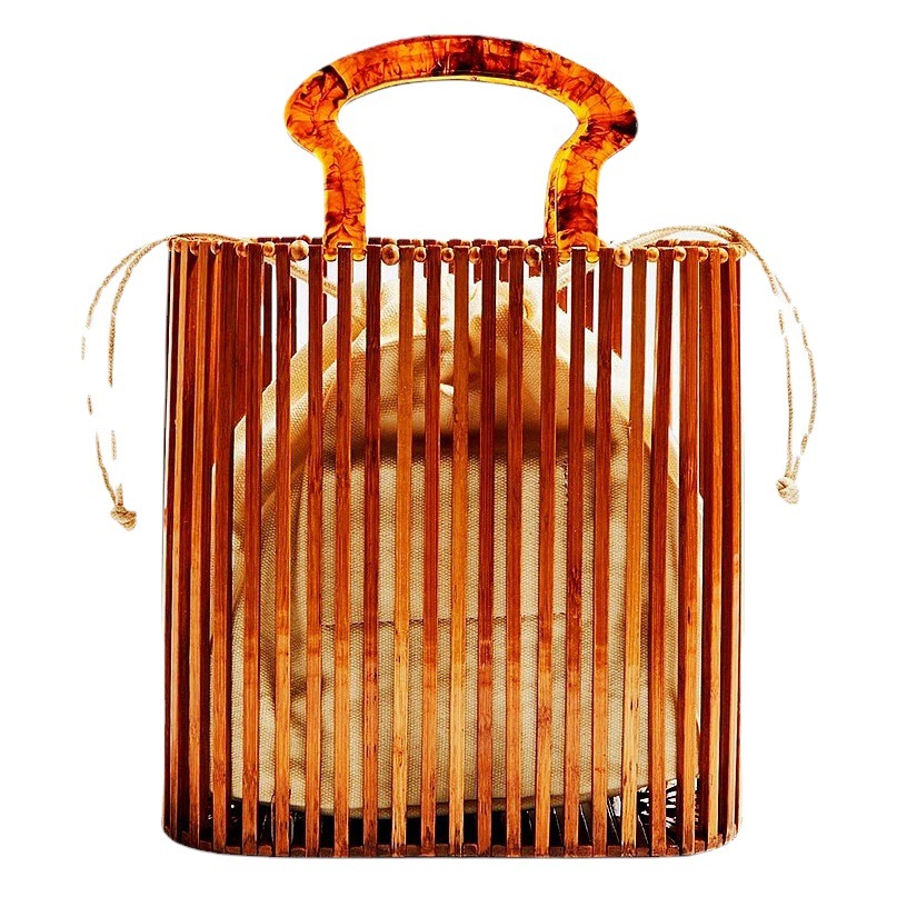 Ins European and American Fashion Handmade Acrylic Hand-Held Bamboo Bag Beach Bamboo Woven Bag Straw Bag Simple Spot One Piece Generation