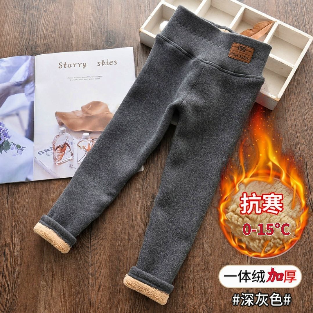 Picture of Girls' Fleece-Lined Leggings Autumn and Winter Outer Wear Girls' Big Kids One-Piece Fleece Baby Thickened Pants Pure Cotton High Waist Warm Pants