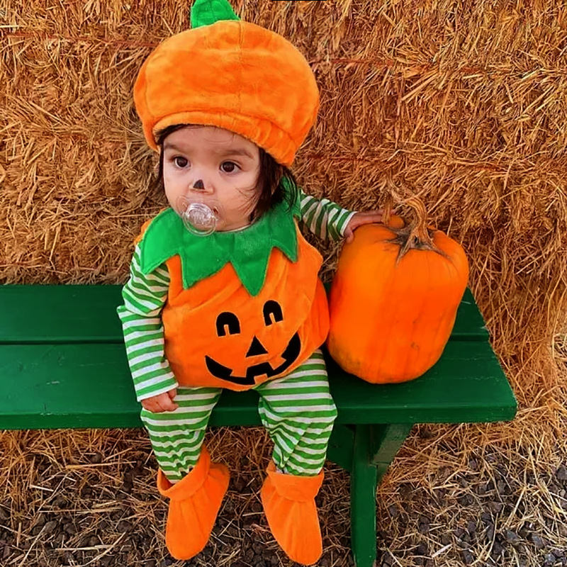 ins Children's Wear New Children's Halloween Children's Wear European and American Cute Sleeveless Pumpkin Hayi Climbing Clothes Socks Three-Piece Set