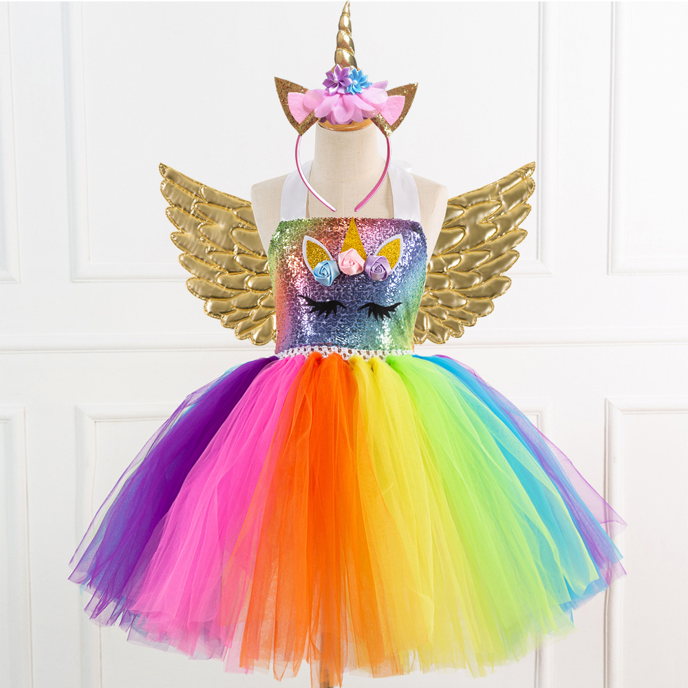 Picture of European and American Children's Clothing Sequin Mesh Handmade Girl's Dress Children's Performance Dress Princess Dress One-Corner Headwear