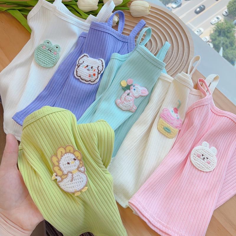 Girls' camisole candy color summer dress 2023 girls' sleeveless top cartoon embroidered knitted slim stretch vest