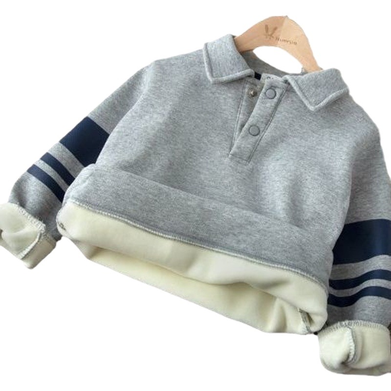 Boys' polo shirt 2023 new children's Korean version of autumn and winter fleece-lined lapel children's warm bottoming shirt tide