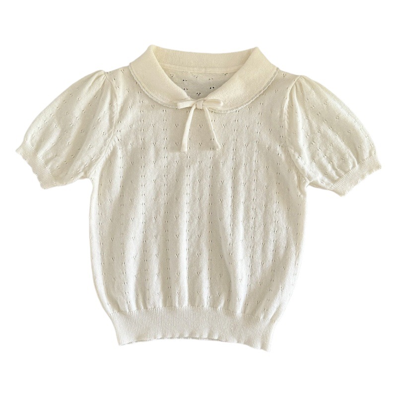 Japanese Children's Wear Girls Short-sleeved Sweater with Laps Cute Bow Short-sleeved T-shirt Ins Women's Short-sleeved Top