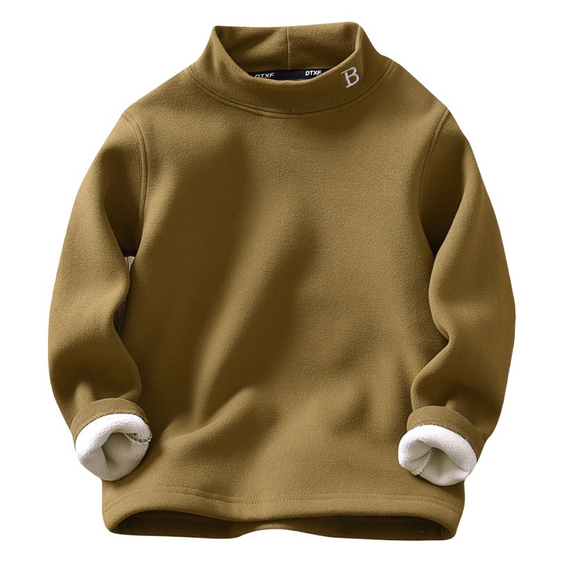 Children's Clothing Winter Boys' Bottoming Shirt Fleece-Lined and Thickeneding for Medium and Large Kidsren German Velvet Embroider Kidsren's Half Turtleneck Warm Top Trbottomy