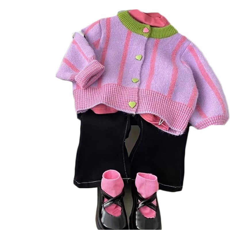 2023 children's new girls Korean style long sleeve sweater Korean children's clothing contrast striped knitted cardigan trendy