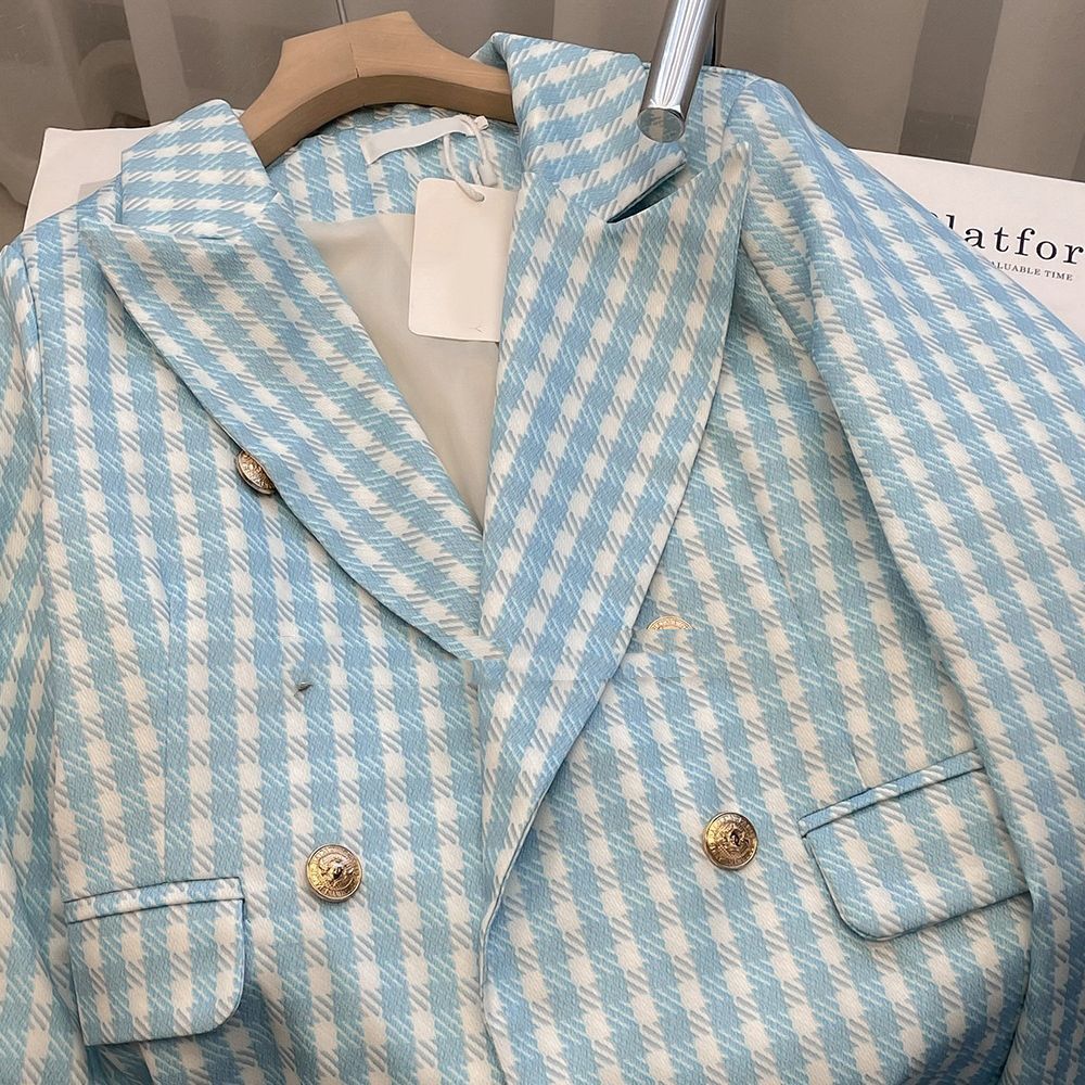 Picture of Girls' New Plaid Suit 2025 Spring & Fall New Houndstooth Double-Breasted Lapel Medium and Large Children's Suit Jacket
