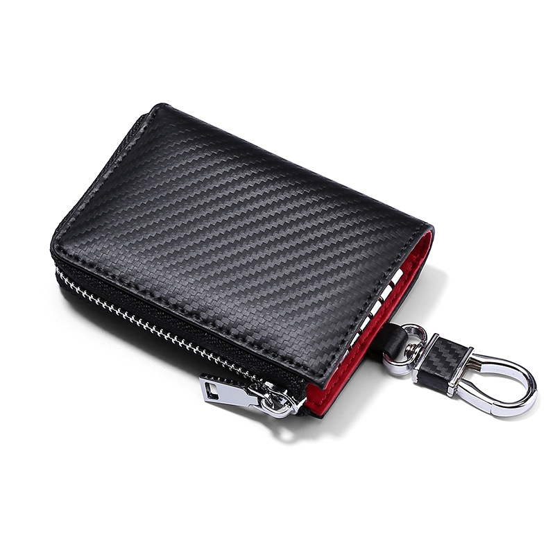 Picture of Matte Carbon Fiber Pattern Leather Key Case Men's Multifunctional Contrast Color Zipper Cowhide Key Chain Card Holder 2-in -1