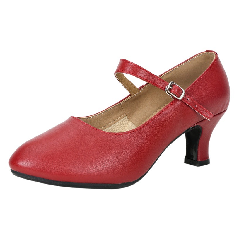 Genuine Leather Latin Dance Shoes Women's Adult Mid-high Heel New Style Dance Shoes Soft Sole Square Dance Shoes Cowhide Dance Shoes Red